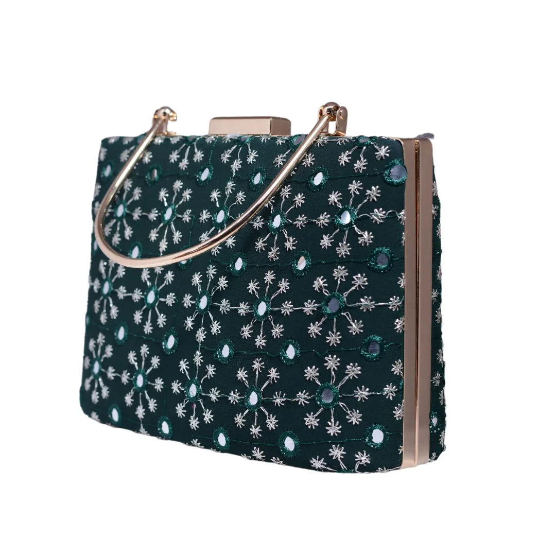 Marine Green Sequins Embroidery Party Clutch