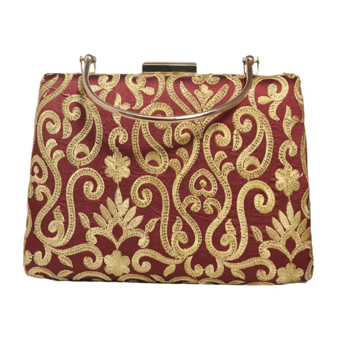 Maroon And Golden Multipattern Embroidery Clutch