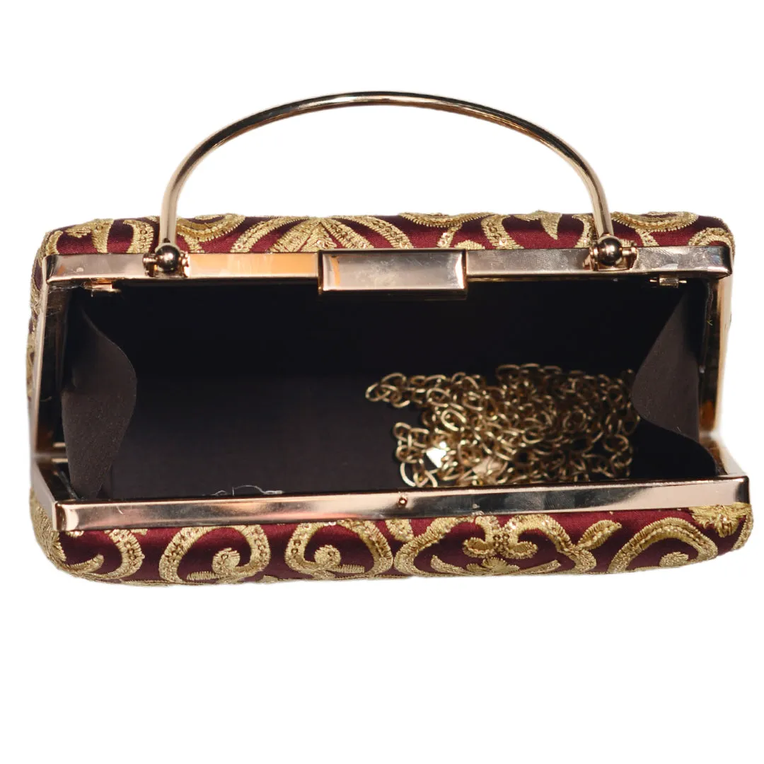 Maroon And Golden Multipattern Embroidery Clutch