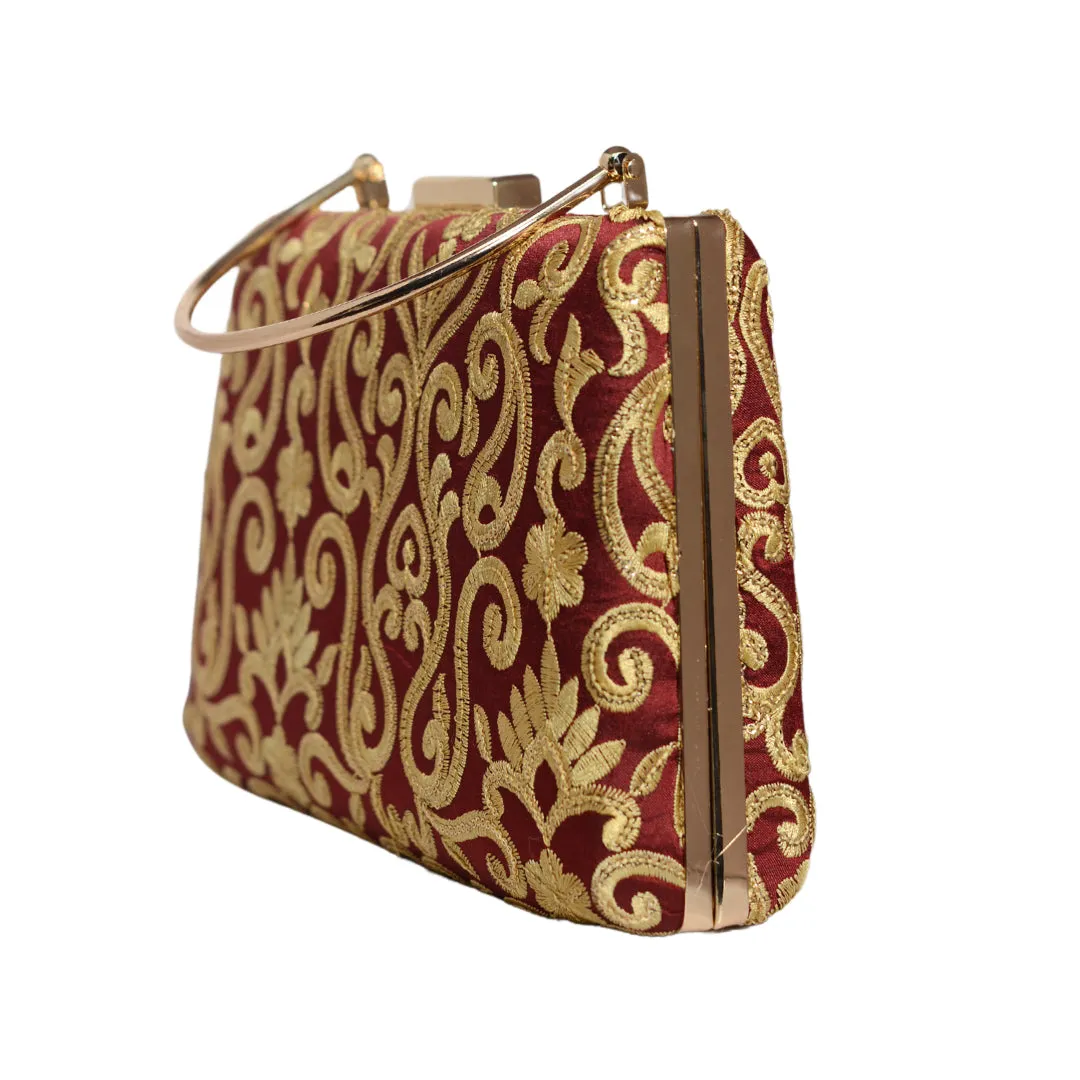 Maroon And Golden Multipattern Embroidery Clutch