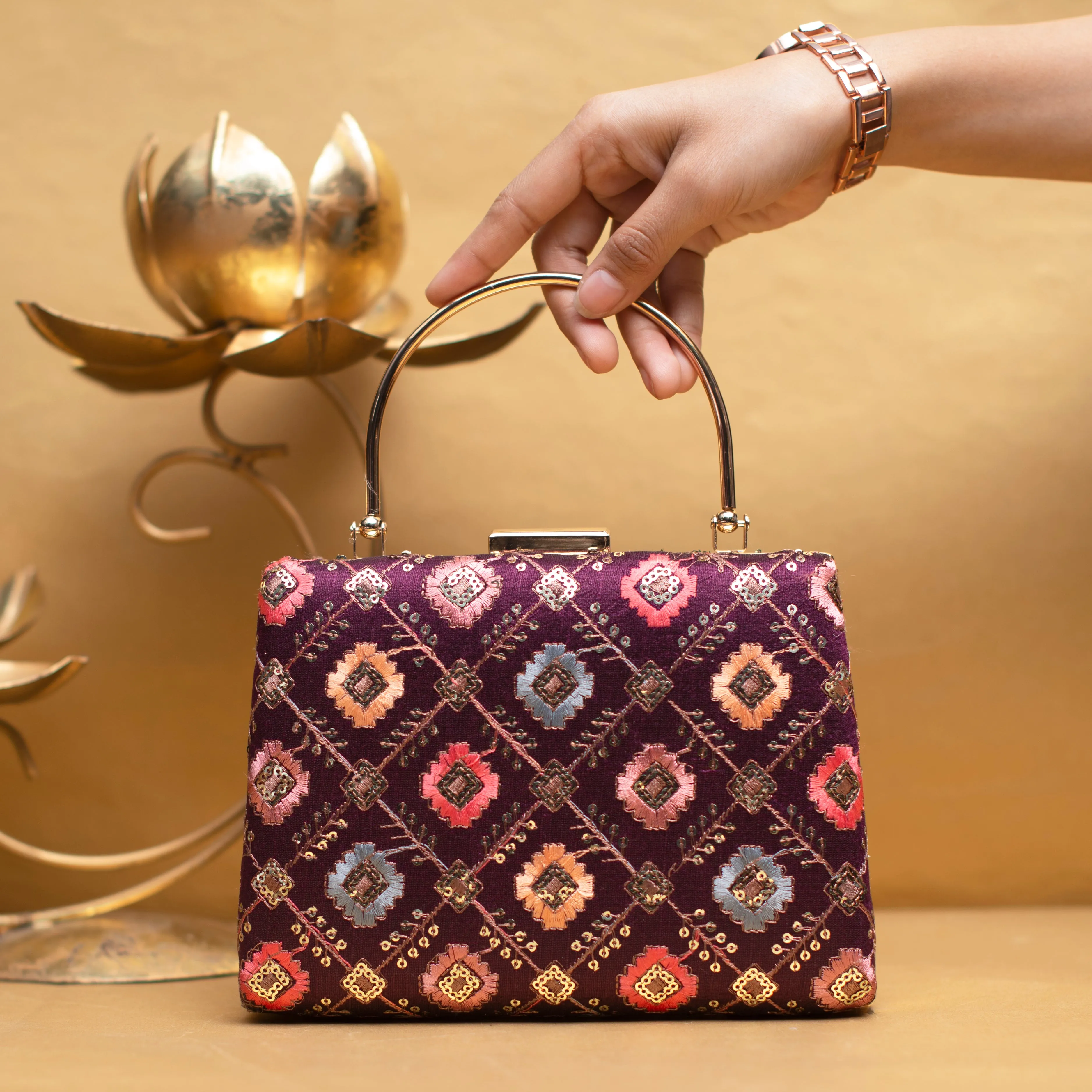 Maroon Sequins And Threadwork Embroidery Clutch