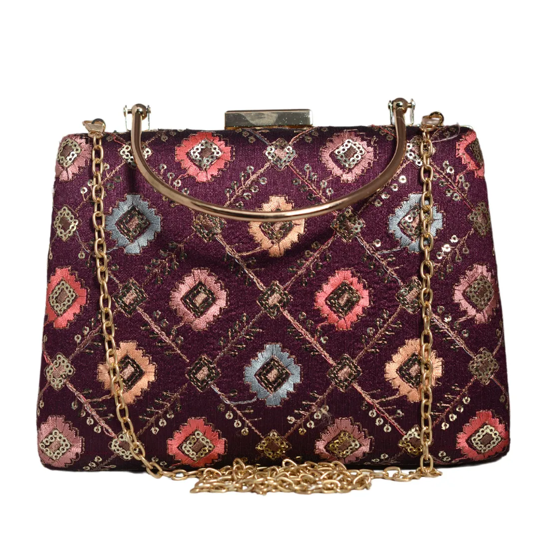 Maroon Sequins And Threadwork Embroidery Clutch