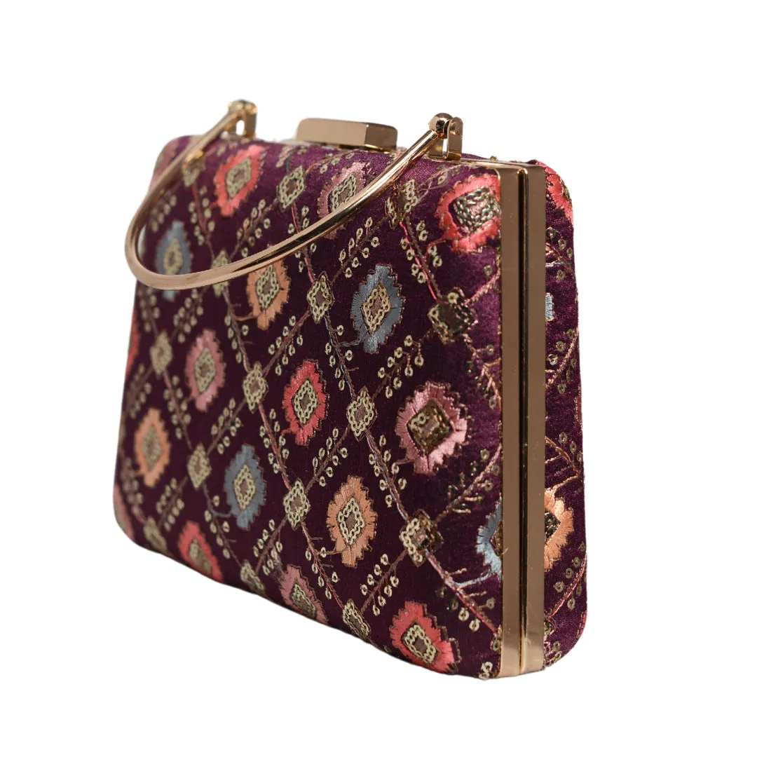 Maroon Sequins And Threadwork Embroidery Clutch