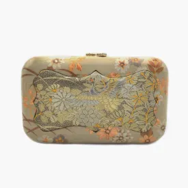 Marquetry Clutch with Embroidered Fabric and Dark Brown Diamonds