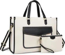 Missnine Laptop Tote Bag for Women 15.6 Inch 2PCS Set, Canvas Work Shoulder Bags with Clutch Purse for Travel, Office, University