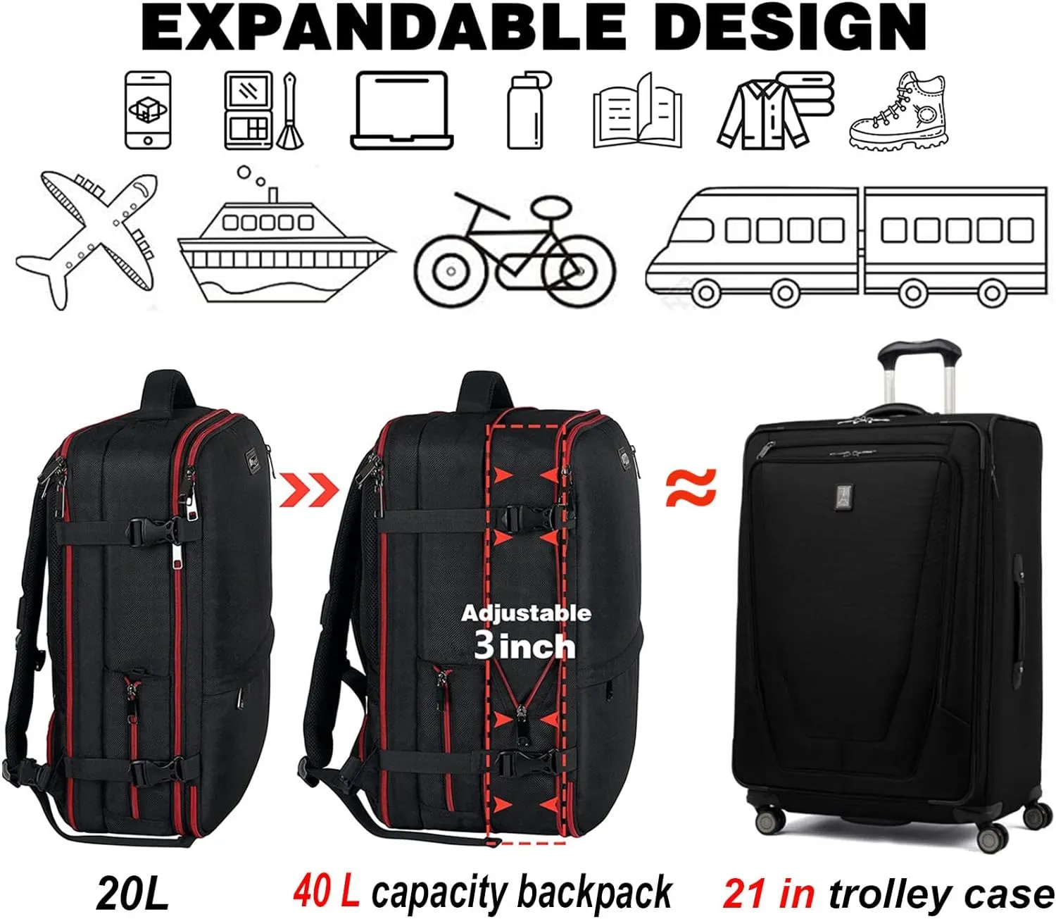 Mogplof Carry on Backpack for Men, 19.5"x14"x6" Expandable Travel Backpack Flight Approved, Extra Large Backpack Suitcase, Water Resistant Luggage Backpack Fit for 17 17.3 Inch Laptop, Black