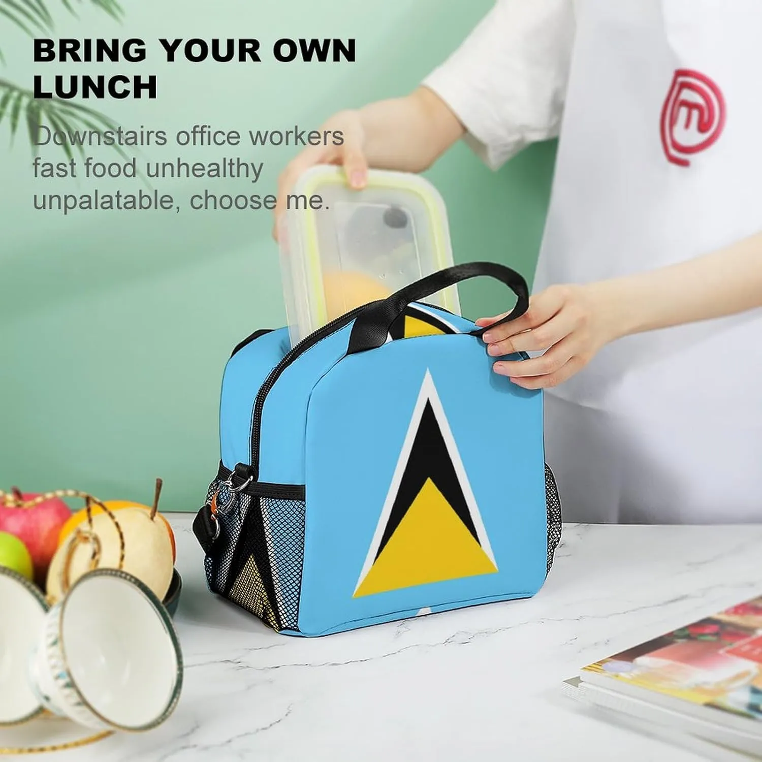 National Flag of Saint Lucia All Print Insulated Lunch Bag with Waterproof And Oil Resistant Thick Aluminum Foil for Both Men And Women