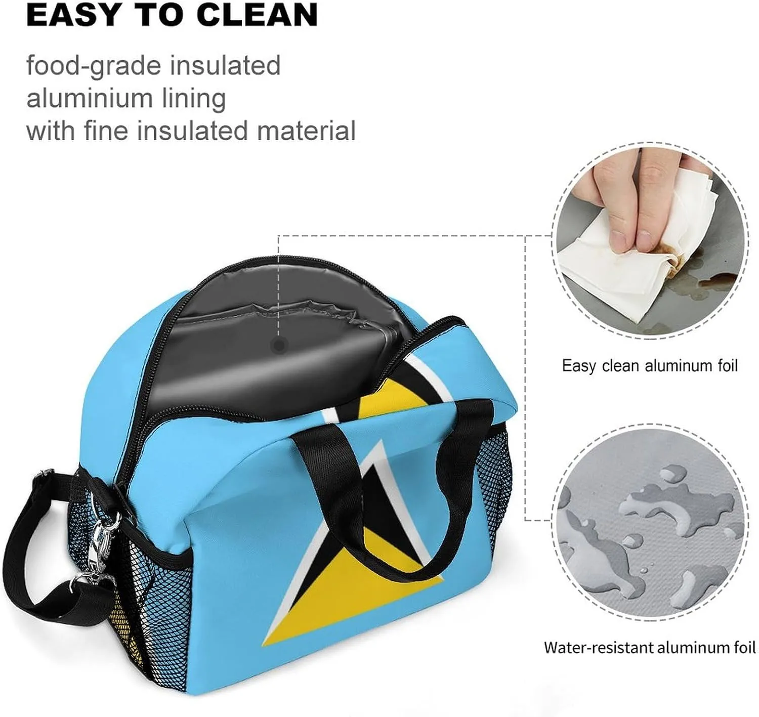 National Flag of Saint Lucia All Print Insulated Lunch Bag with Waterproof And Oil Resistant Thick Aluminum Foil for Both Men And Women