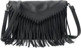 Oweisong Fringe Crossbody Purse for Women Western Cowgirl Purse Leather Tassel Fanny Packs Black Shoulder Handbags
