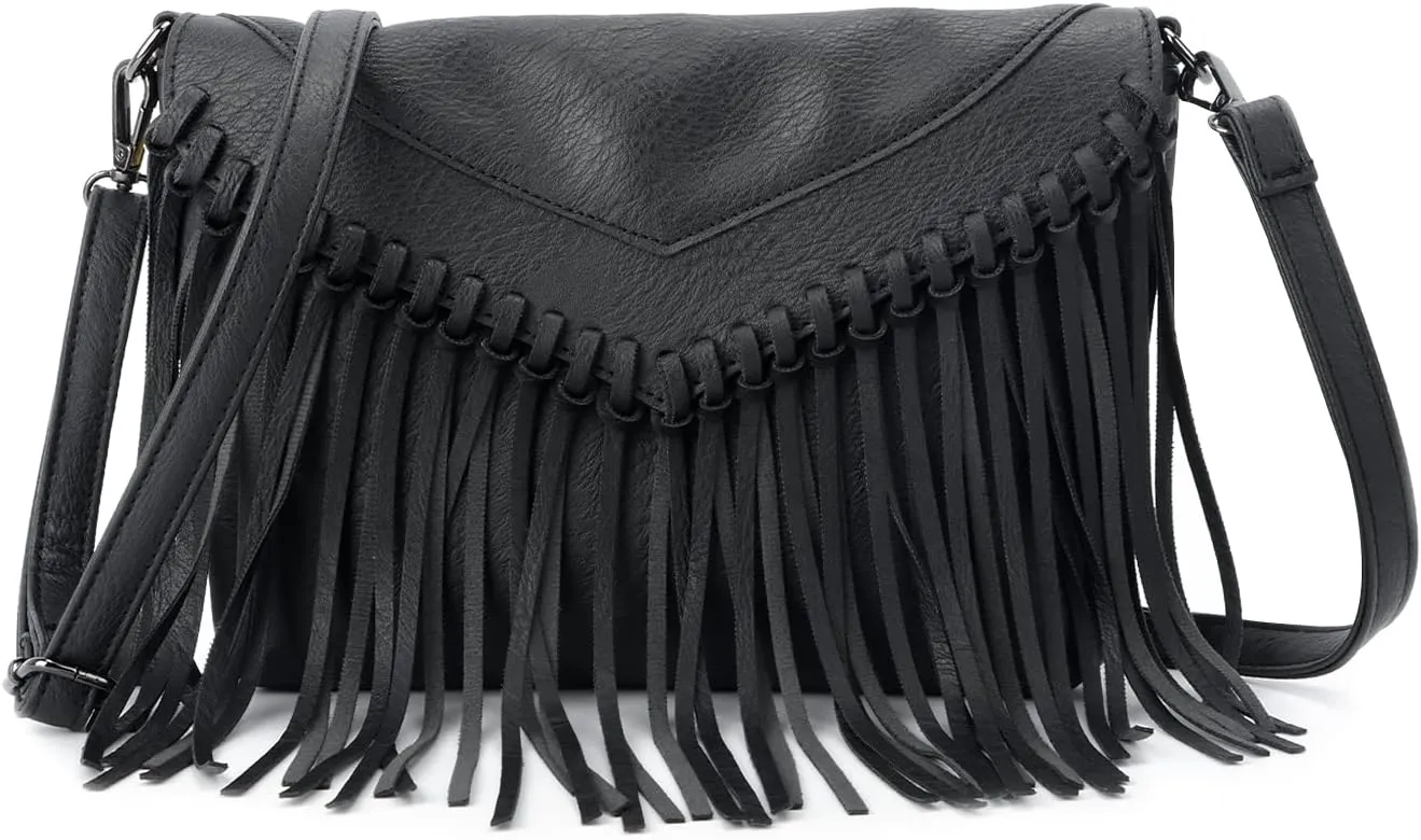 Oweisong Fringe Crossbody Purse for Women Western Cowgirl Purse Leather Tassel Fanny Packs Black Shoulder Handbags