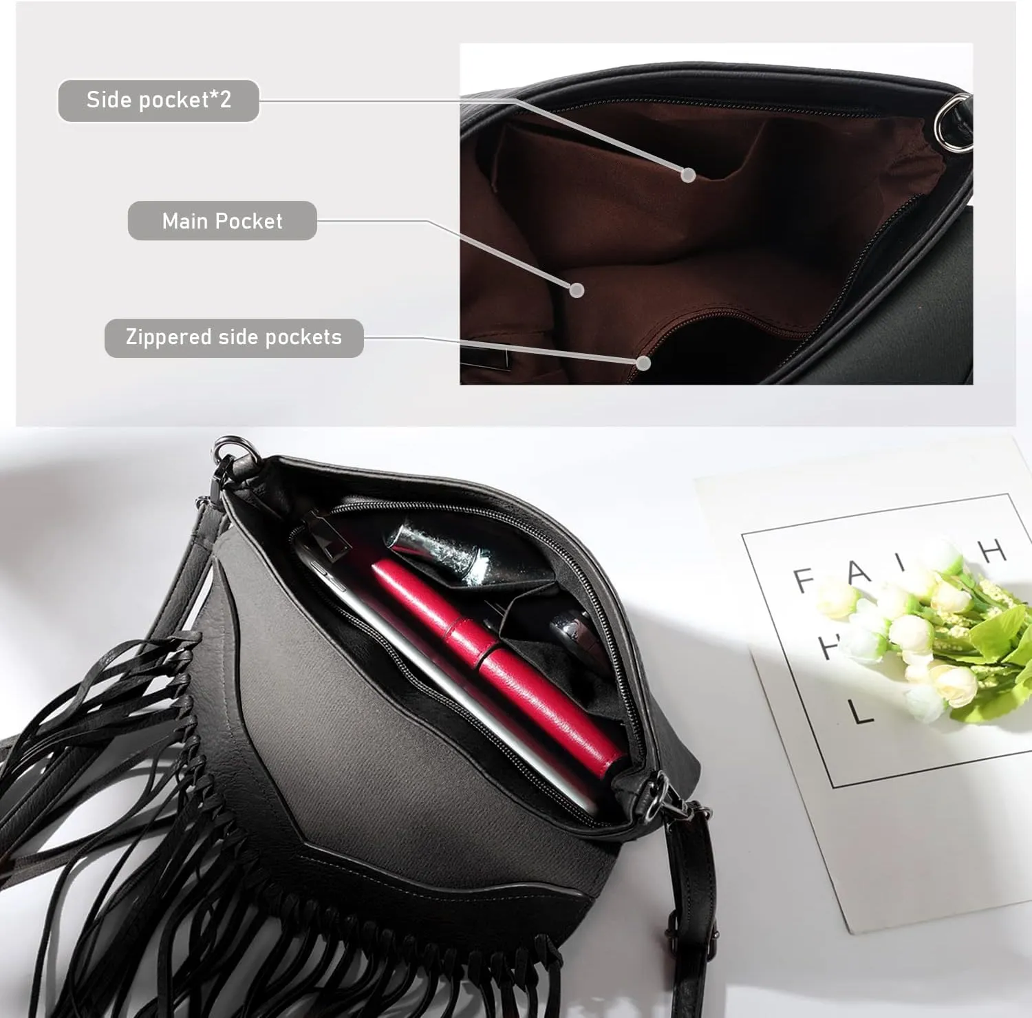 Oweisong Fringe Crossbody Purse for Women Western Cowgirl Purse Leather Tassel Fanny Packs Black Shoulder Handbags