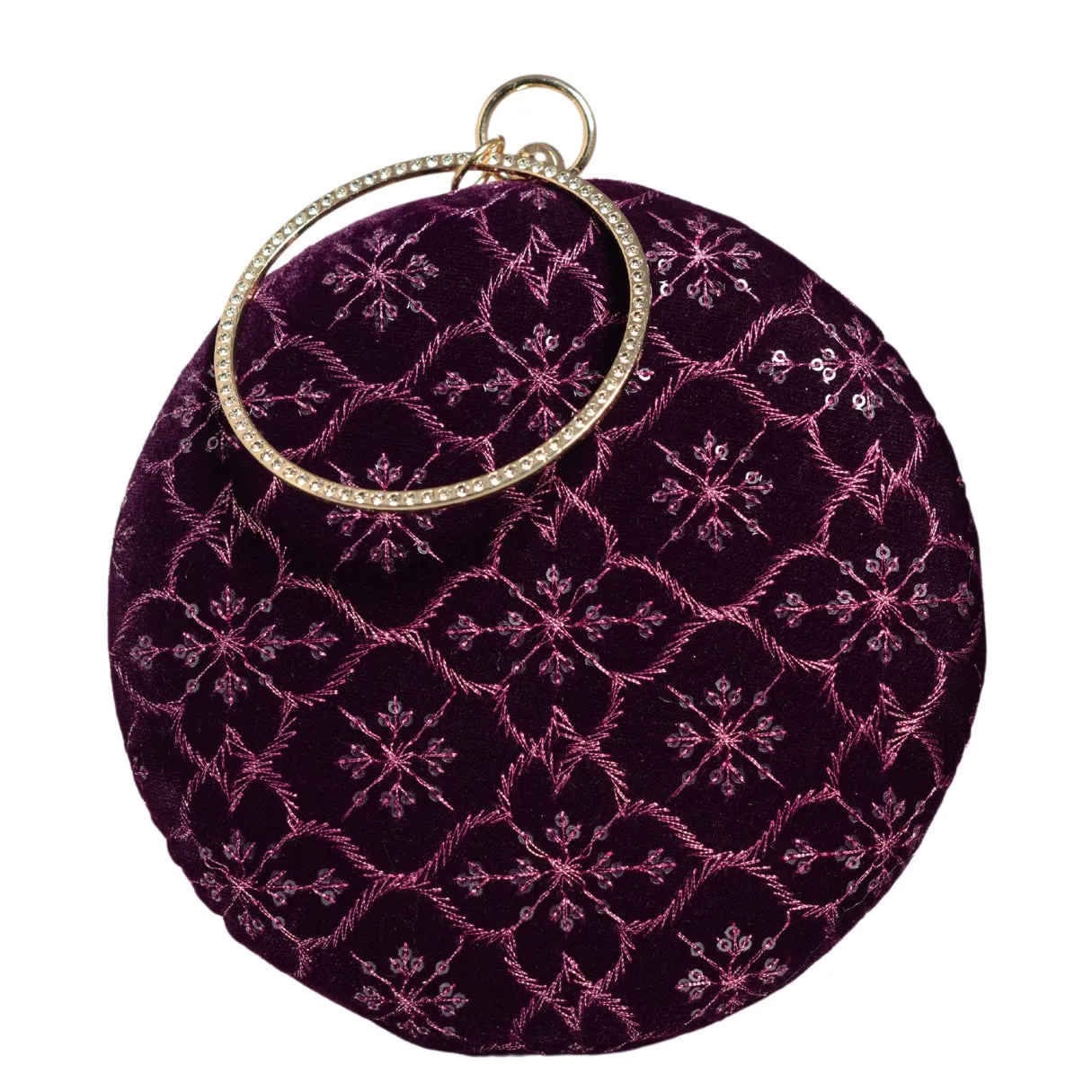 Purple Floral Thread Embroidery Round Clutch