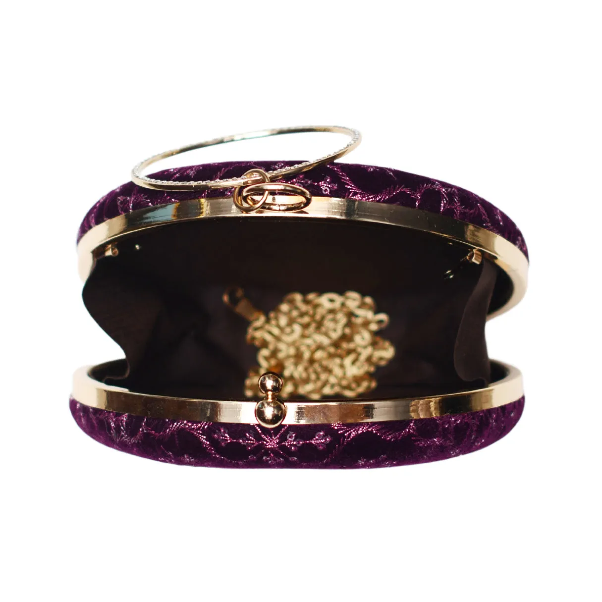 Purple Floral Thread Embroidery Round Clutch