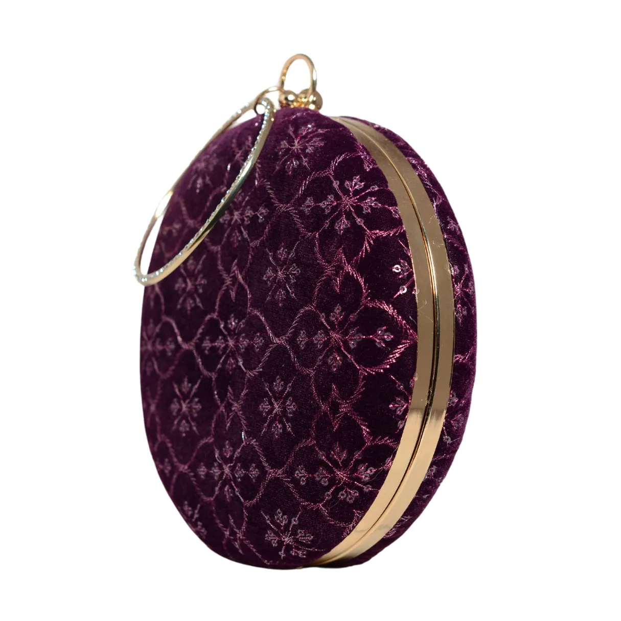 Purple Floral Thread Embroidery Round Clutch