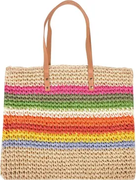 QZUnique Straw Rainbow Handbags Womens Cotton Crochet Hand-Woven Tote Bag Top Handle Casual Shoulder Messenger Portable Bag