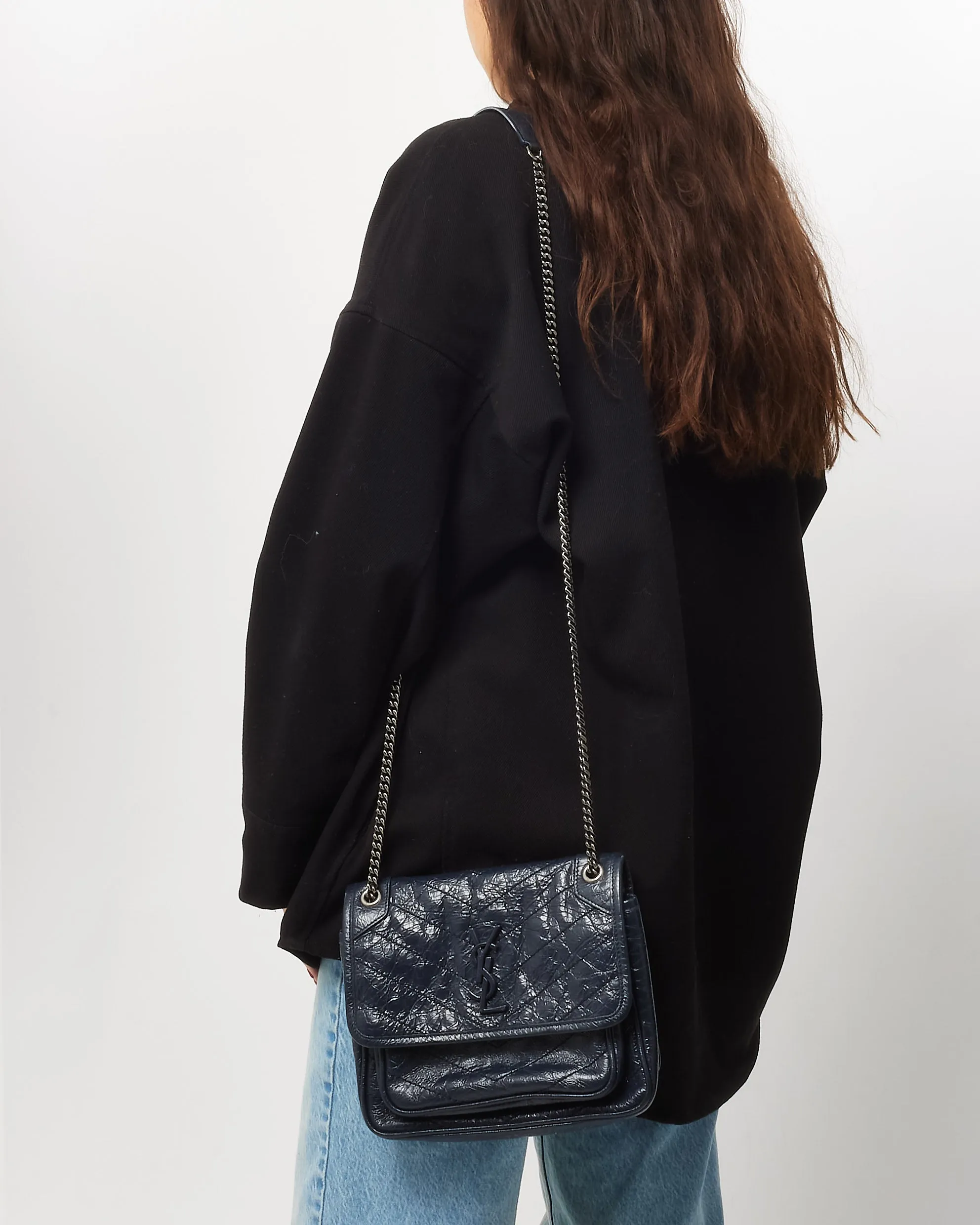 Saint Laurent Navy Crinkled Leather Baby Niki Shoulder Bag