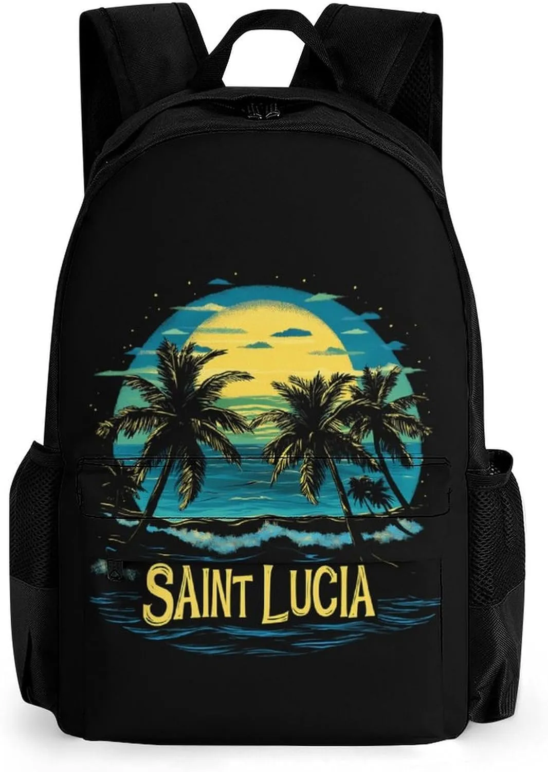 Saint Lucia Beach Palm Trees Cute Backpack Travel Work Bag with Water Bottle Pocket Adjustable Padded Shoulder Straps Daypack 42x30.5cm