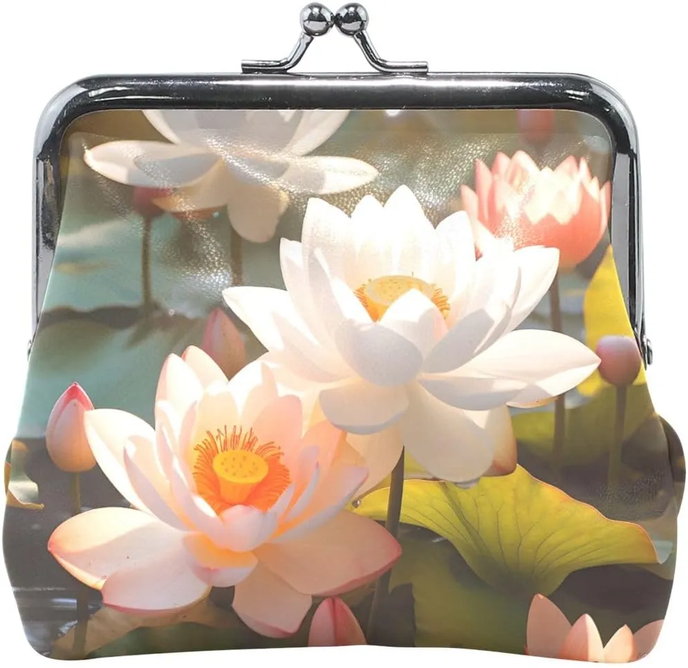 Small Coin Purse Coin Pouch Bags Change Purse Wallet for Women White Lotus Pond Pouch Mini Holder