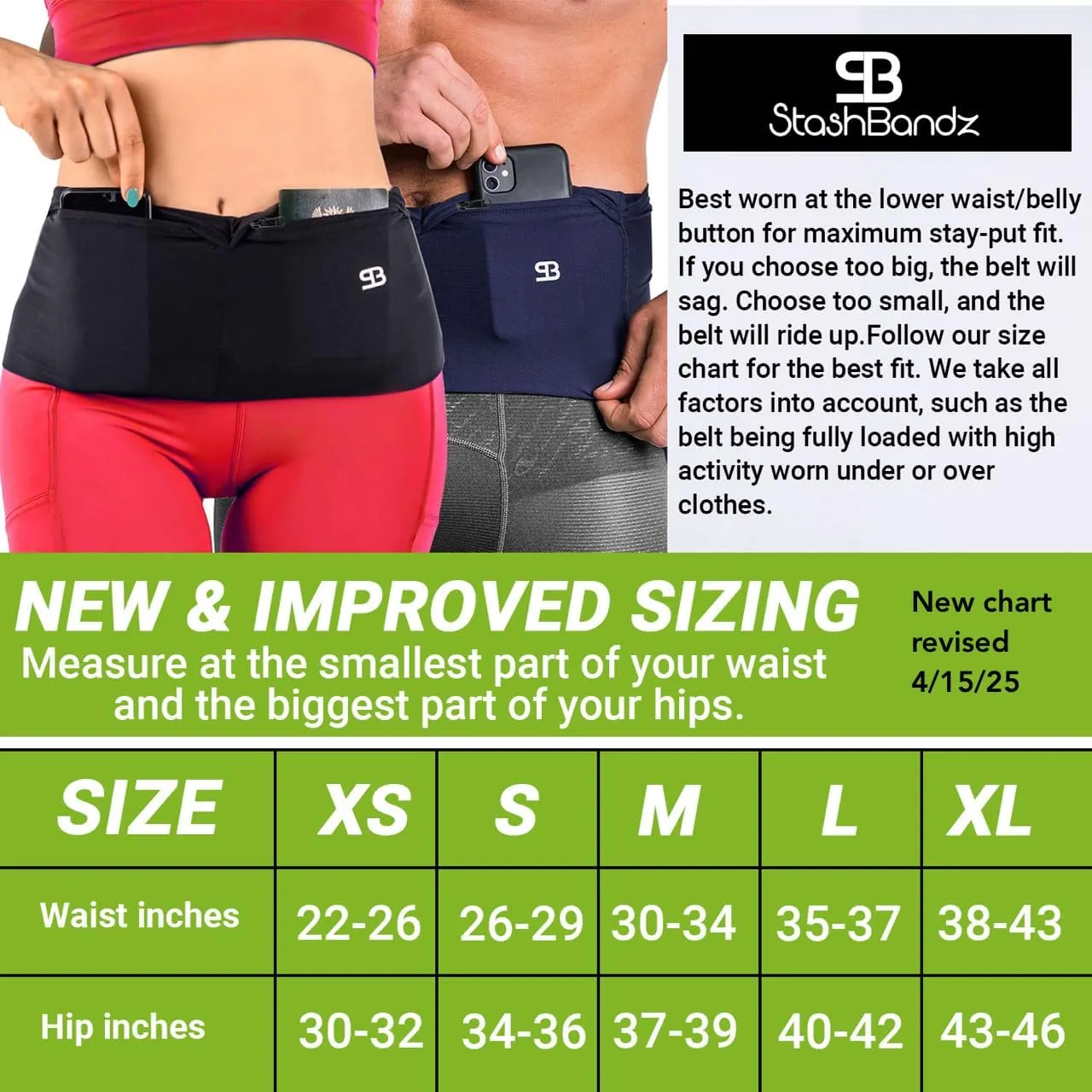 StashBandz Unisex Travel Money Belt, Running Belt, Fanny and Waist Pack, 4 Large Security Pockets and Zipper, Fits All Size Phones Passport and More