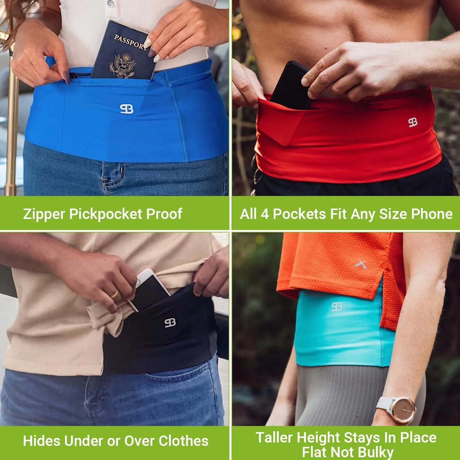 StashBandz Unisex Travel Money Belt, Running Belt, Fanny and Waist Pack, 4 Large Security Pockets and Zipper, Fits All Size Phones Passport and More