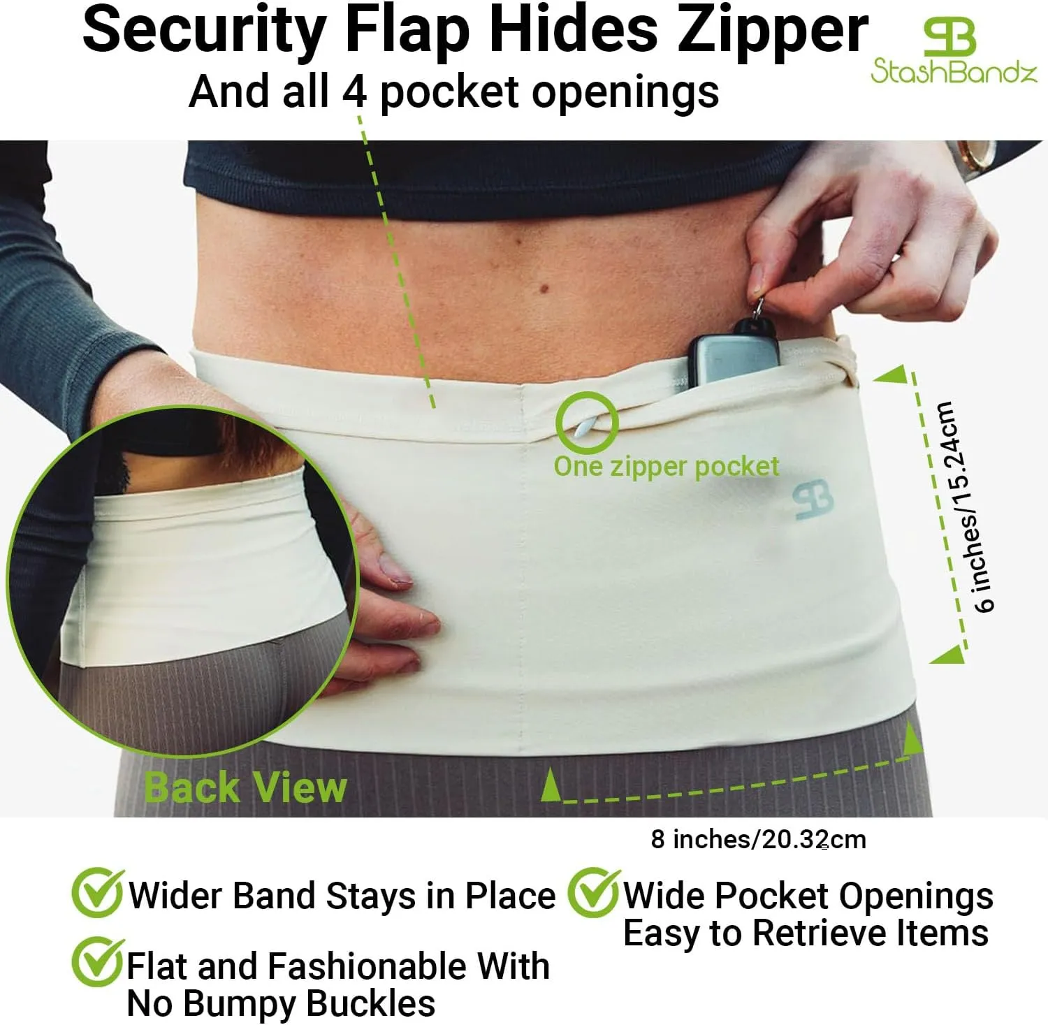 StashBandz Unisex Travel Money Belt, Running Belt, Fanny and Waist Pack, 4 Large Security Pockets and Zipper, Fits All Size Phones Passport and More