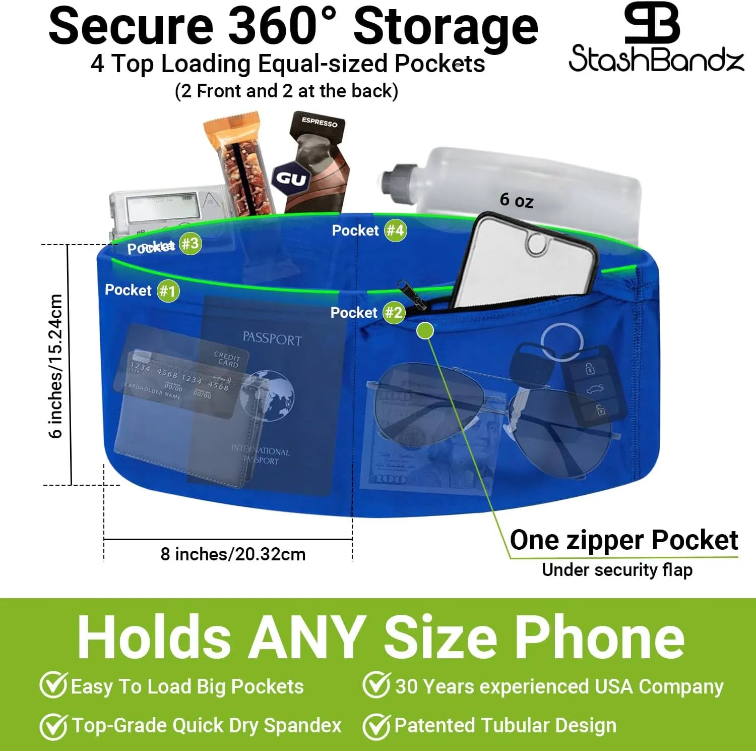 StashBandz Unisex Travel Money Belt, Running Belt, Fanny and Waist Pack, 4 Large Security Pockets and Zipper, Fits All Size Phones Passport and More