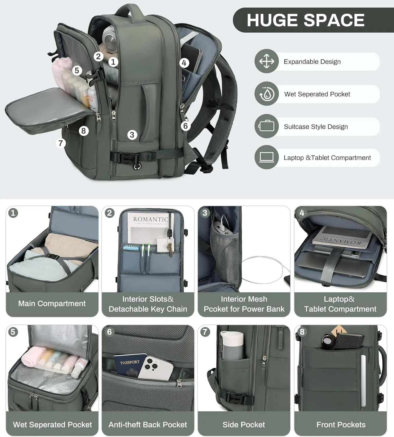 Travel Backpack for Men, 32L Expandable Carry On Flight Approved Backpack for Women 15.6inch Weekender Bag