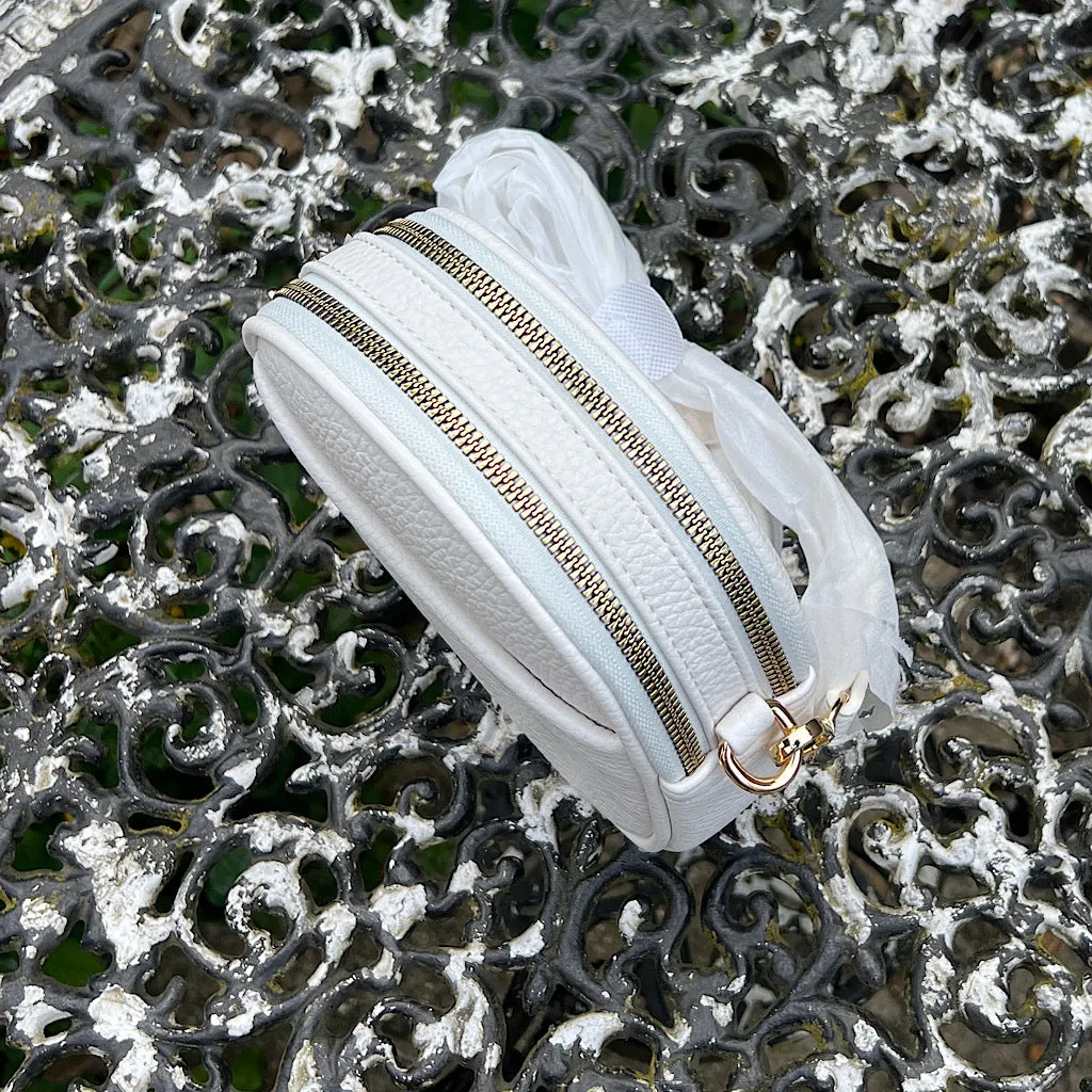 White Oval Shaped Twin Zip Top Crossbody Bag