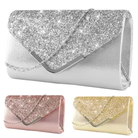 Women’s Satin and Crystal Clutch with Chain Shoulder Strap